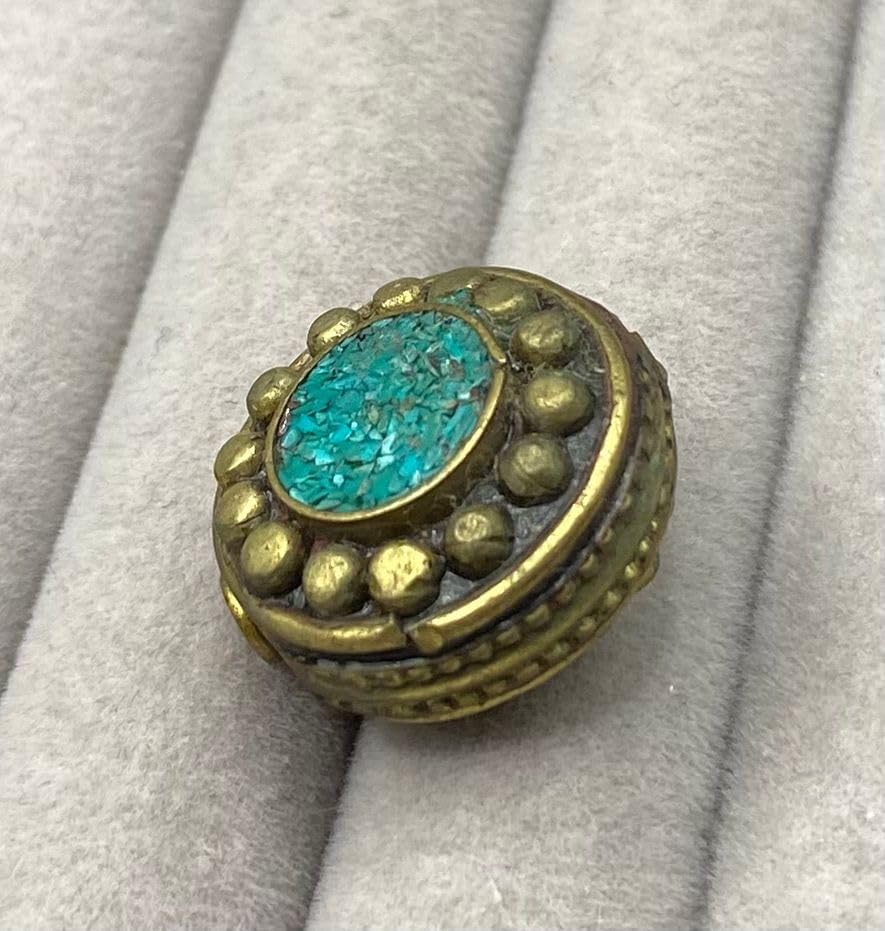 Nepali Tibetan Handmade Turquoise Brass Bead 20x12mm 10g | Round Inlay Ethnic Bead for Jewelry Making | Boho Tribal Loose Bead | Healing Craft Supply (50)