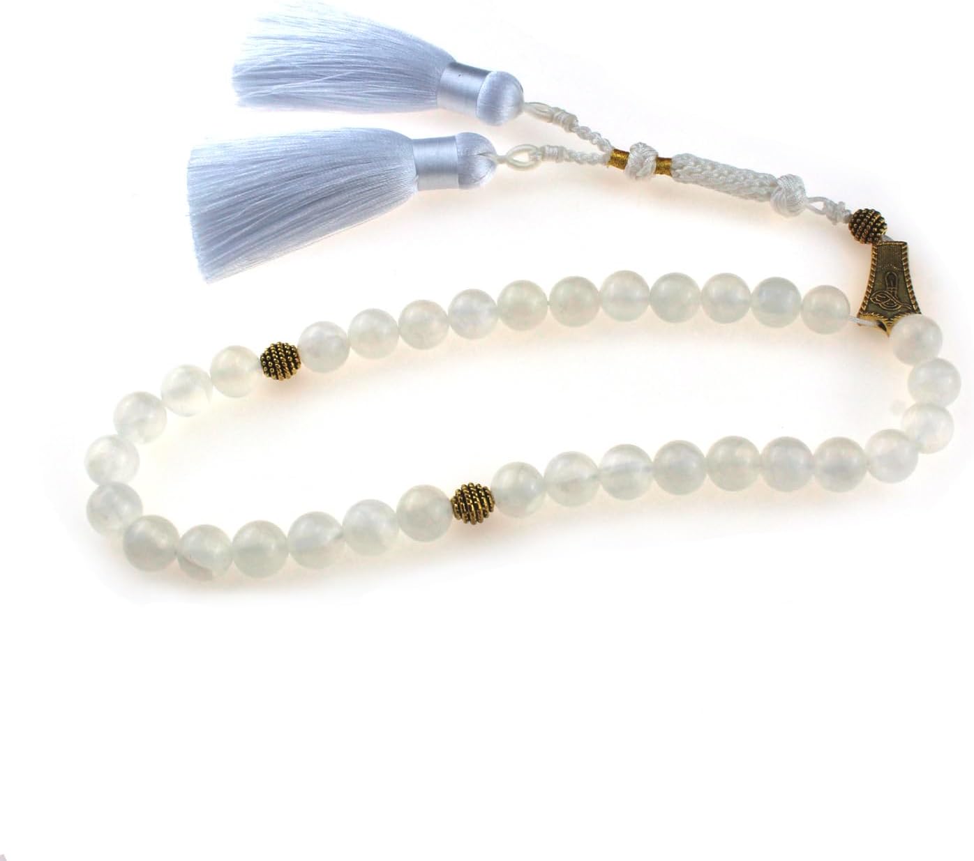 Muslims Islamic Dhikr Tasbeeh Tasbih Prayer Beads, 33 White Jade Stone Beads with Tassel