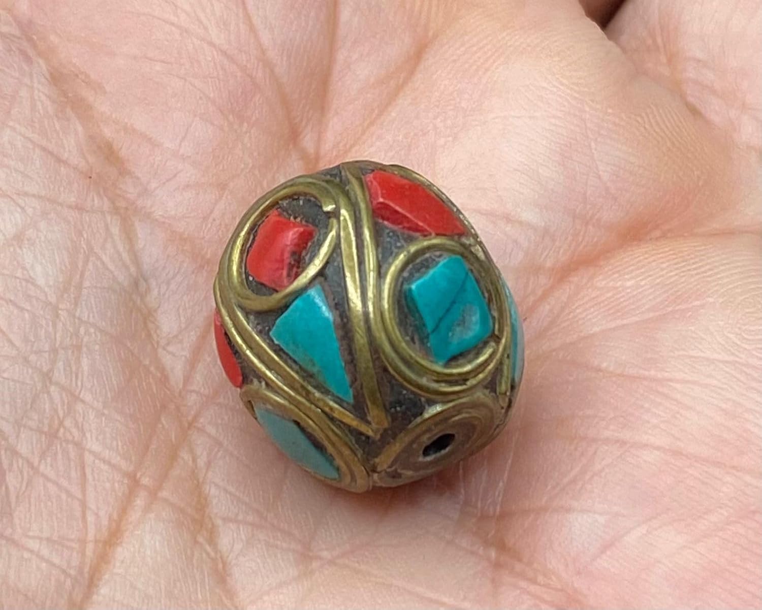 Old Antique 16mm Nepalese Tibetan Bead with Turquoise and Coral Inlay –16mm 5.7g Handmade Vintage Brass Bead for Jewelry Making, Meditation, Healing, and Boho Crafts (50)