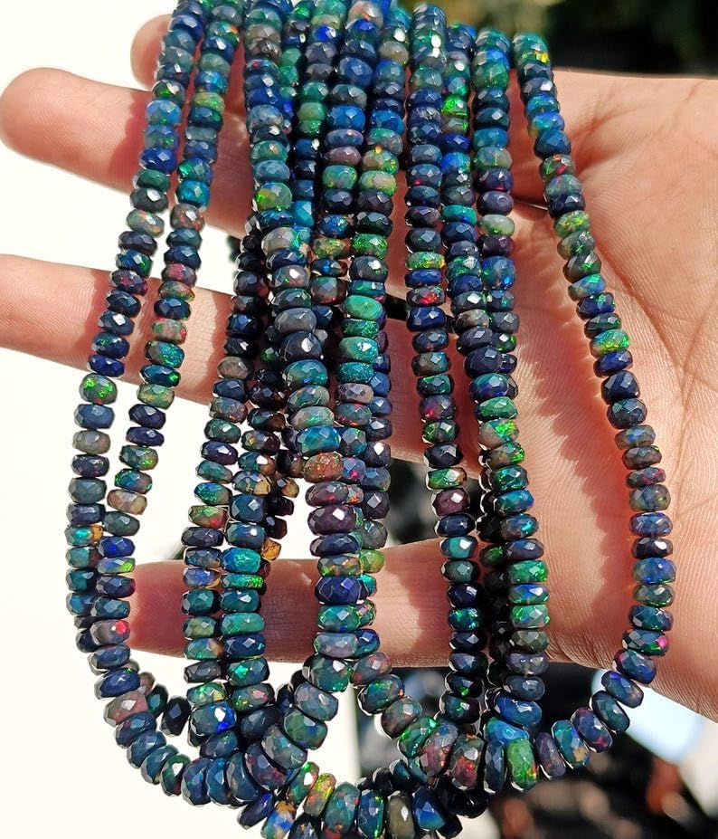100% Natural Ethiopian Black Opal Faceted Roundel Beads Strand for Jewelry Making 4x6mm Beads