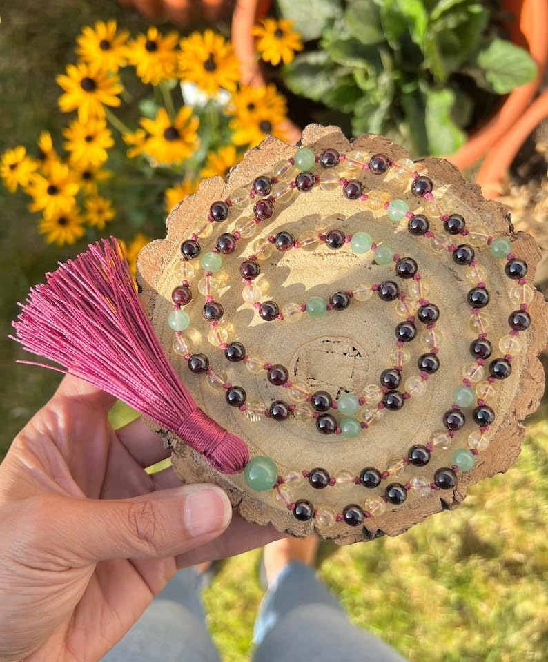 Natural Garnet, Citrine, Green Aventurine 6mm-8mm 108 Mala Beads, Spiritual, Meditation Beads, Reiki, Japa Mala, Buddhist Prayer Beads, Yoga Bracelet, healing beads LKMALA-RRGU-520