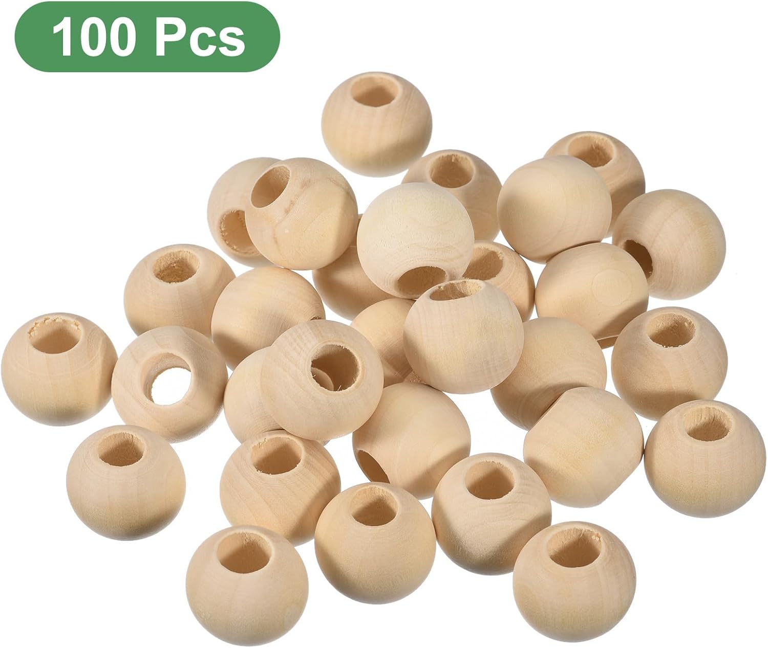 #US 100Pcs 30mm Natural Wood S Bead 15mm Hole Unfinished Round Wooden Beads