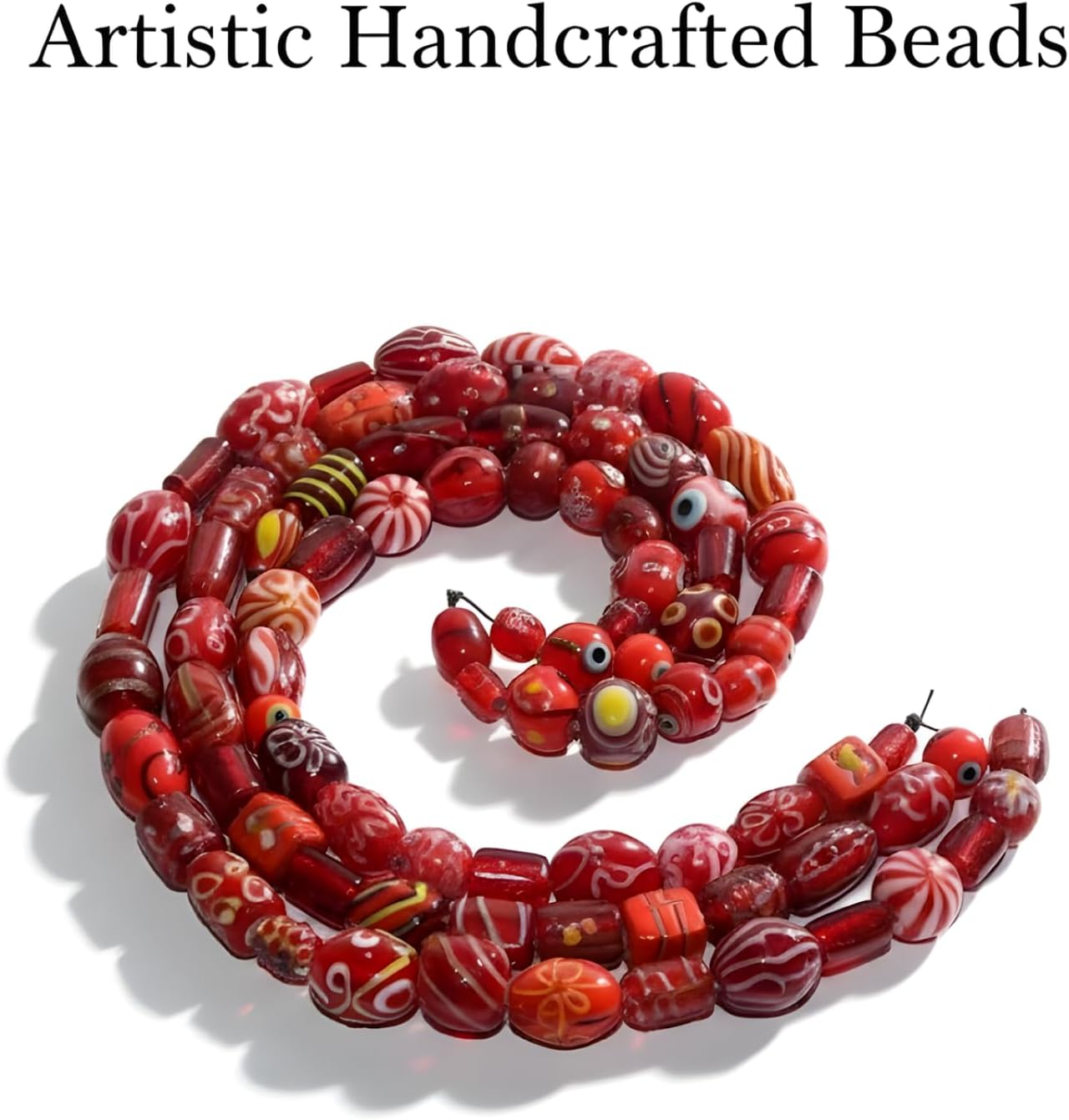 Handcrafted Red Lampwork Glass Beads | Mixed Shape Fancy Assorted Beads | Available in 40 Strands | Artistic Handmade Beads for Jewelry Making, DIY Crafts.