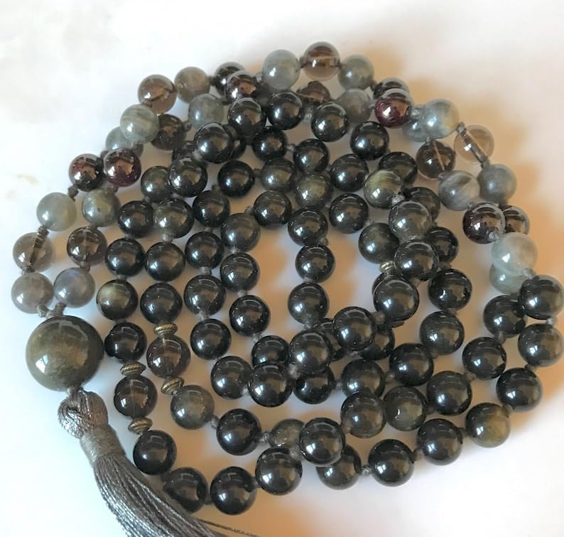 Natural Obsidian, Labradorite, Smoky Quartz, Garnet 8mm-14mm 108 Mala Beads, Spiritual, Meditation Beads, Reiki, Japa Mala, Buddhist Prayer Beads, Yoga Bracelet, healing beads LKMALA-RRGU-1029