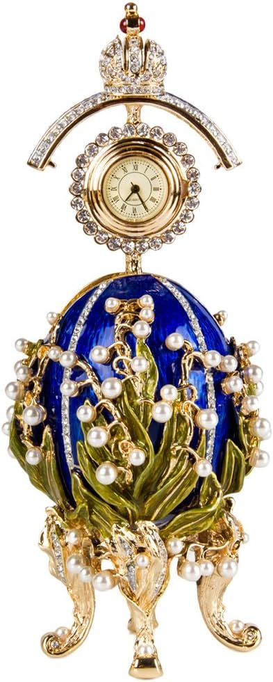 Crystals Faberge Egg: Lily of the Valley Egg Jewelry Box with Clock in Blue