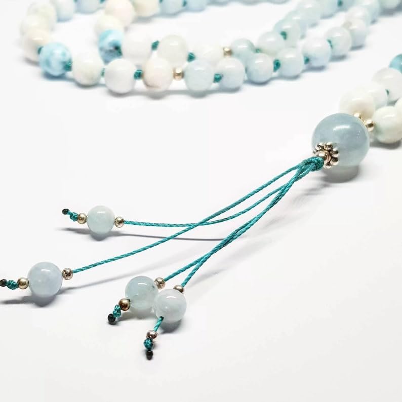 Natural Aquamarine & Larimar 8mm 108 Mala Beads, Spiritual, Meditation Beads, Reiki, Japa Mala, Buddhist Prayer Beads, Yoga Bracelet, healing beads LKMALA-RRGU-2316, 34 inch