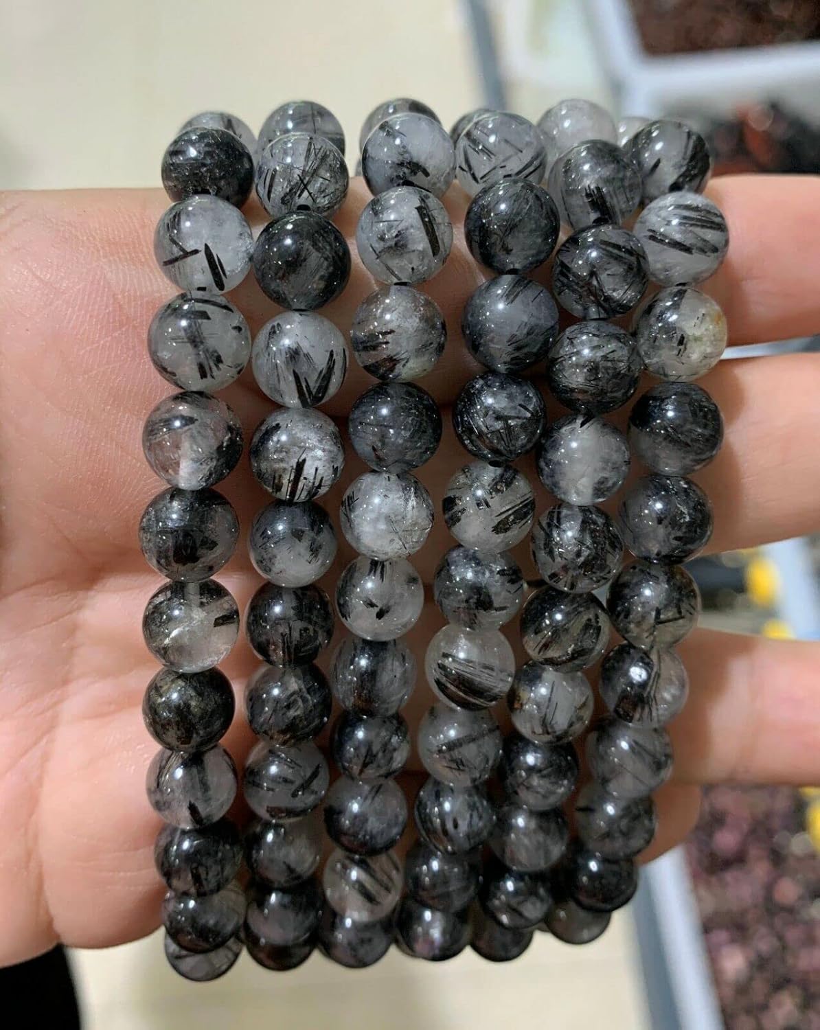 NOVAGEM 6 Pcs Natural Black Hair 8Mm 7.5” Crystal Healing Stretch Bracelet K8793