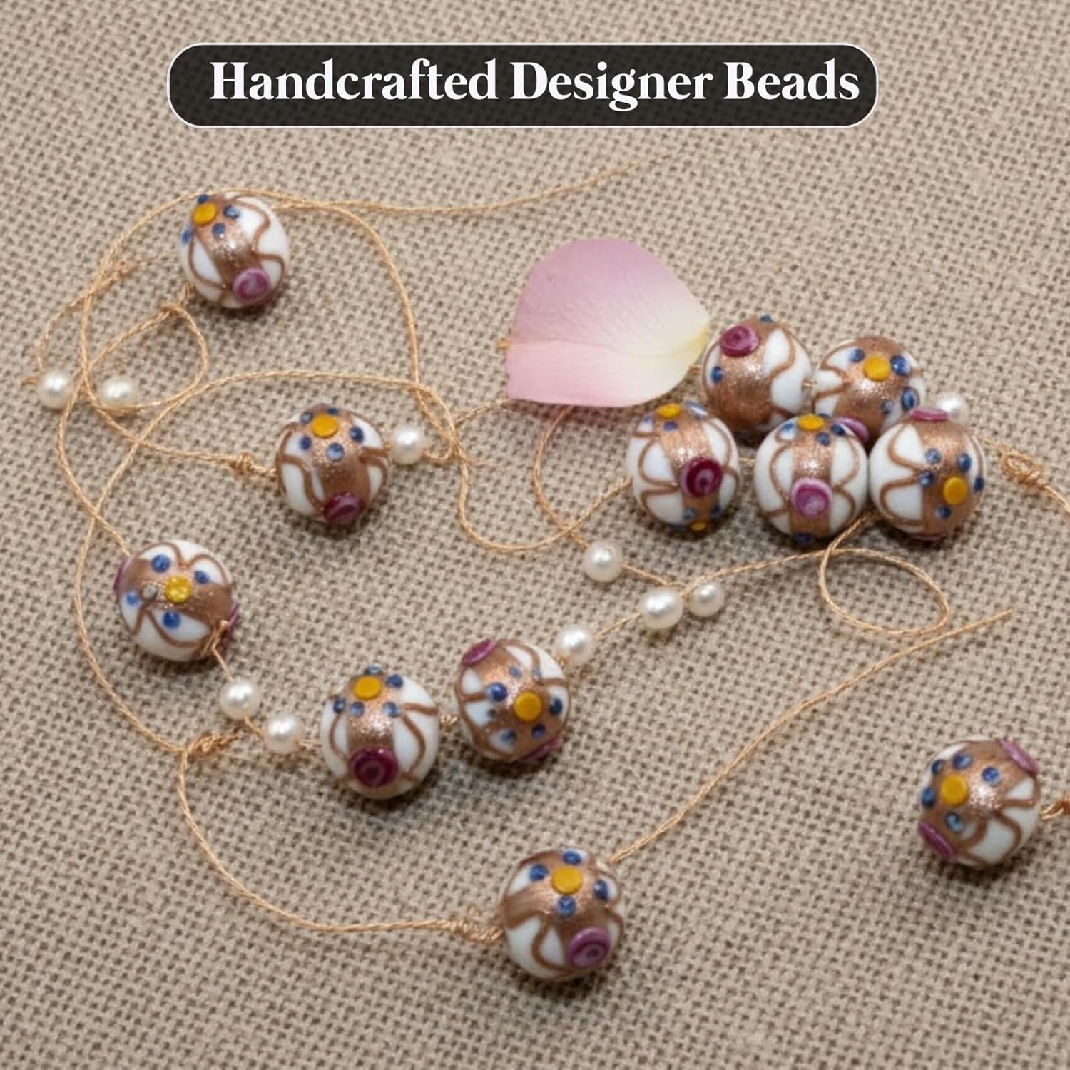Handcrafted White Designer Glass Beads | 16mm Murano Style Lampwork Beads with Golden Swirls & Dotted Accents | Available in 10 Strands | Jewelry & DIY Crafts.