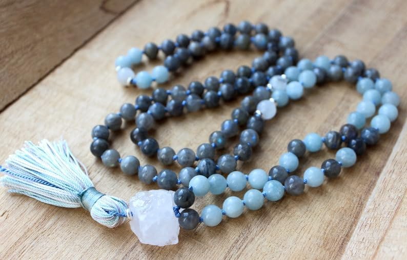 Labradorite, Aquamarine, Rainbow Moonstone Stone Mala Beads, 108 Mala Necklace, Knotted Mala, WWG Necklace, Yoga Jewelry Meditation Beads Spiritual Jewelry Boho Jewelry