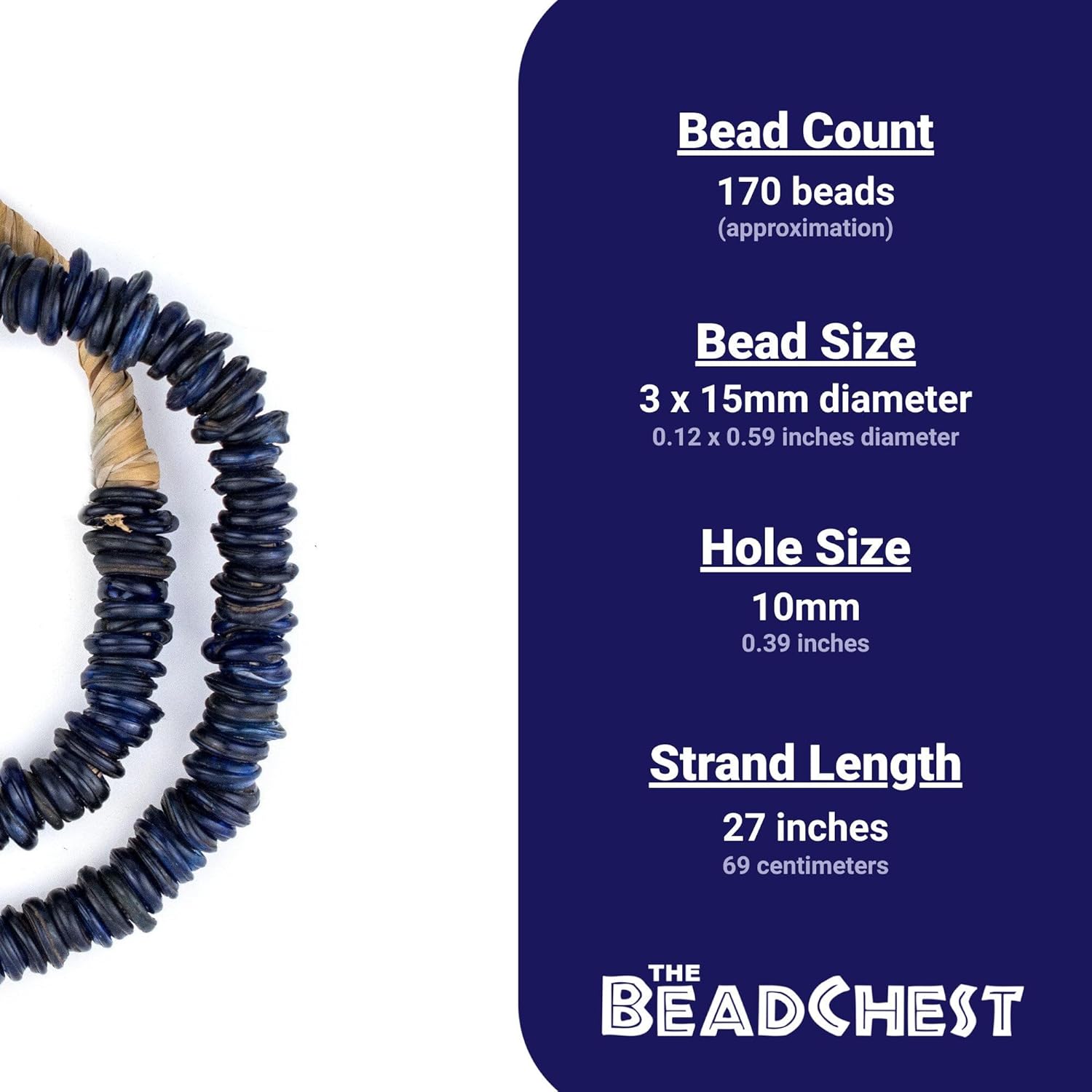 The Bead Chest Old Blue Ethiopian Annular Dogon Beads 15mm African Disk Glass Large Hole 27 Inch Strand Handmade