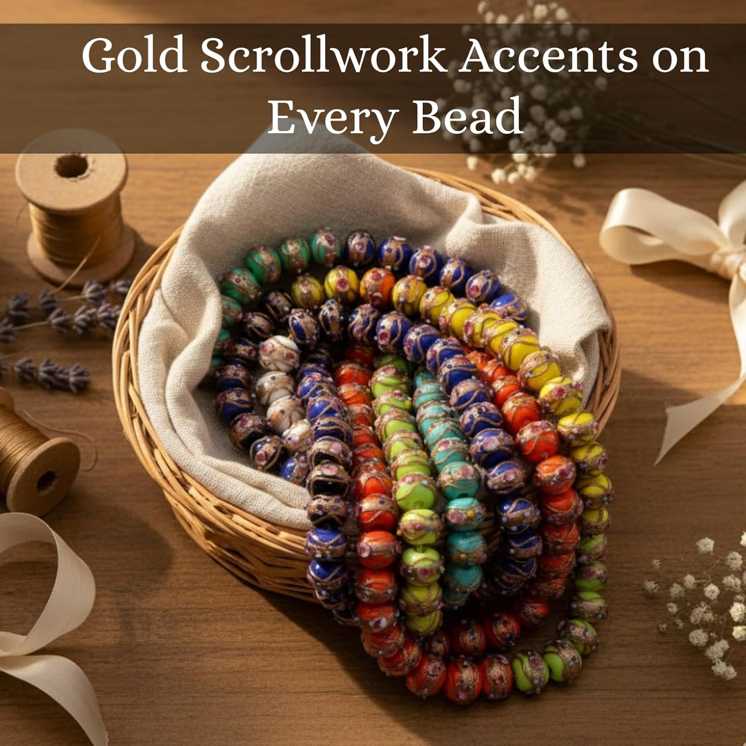 Handcrafted 12mm Multicolor Round Glass Beads | Decorative Beads with Gold Accents | Available in 20 Strands | Ideal for Jewelry Making, DIY Crafts & Accessories