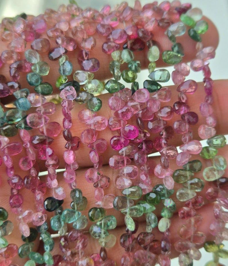 Natural Multi Tourmaline Faceted Pear Shape Beads, Pink and Green, 5x7mm, 8 Inch Strand, Semi-Precious Gemstone Jewelry Making Supplies
