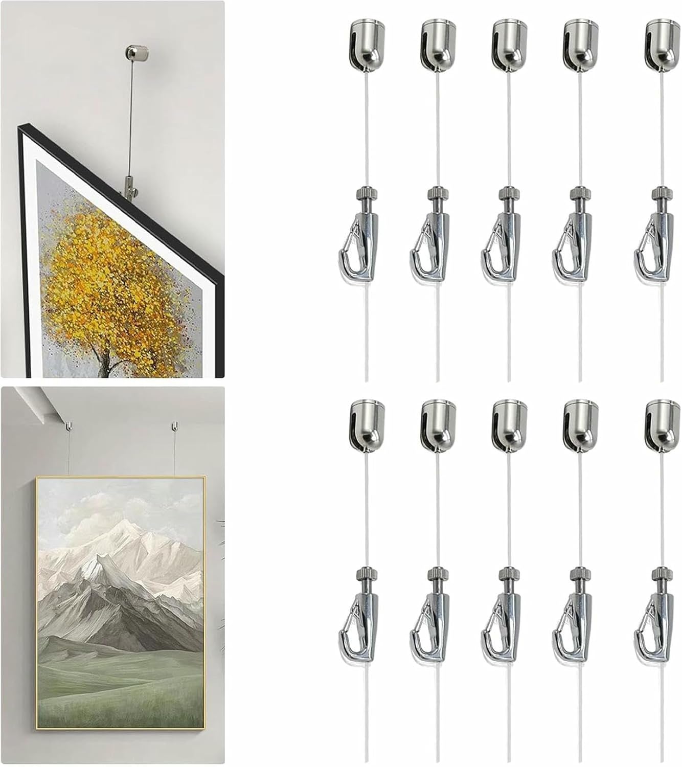Picture Rail Hanging System 10 Pcs Art Gallery Track Hanging Wall/Ceiling, Picture Rail Molding Hangers with Invisible Cord, Home Exhibit Painting Display Chain Silver Hold(Clear Wire-1m(39.4in)