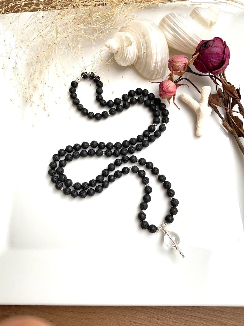 lava Stone Mala Beads, 108 Mala Necklace, Knotted Mala, WWG Necklace, Yoga Jewelry Meditation Beads Spiritual Jewelry Boho Jewelry, 34inch, Gemstone, 34inch, Gemstone