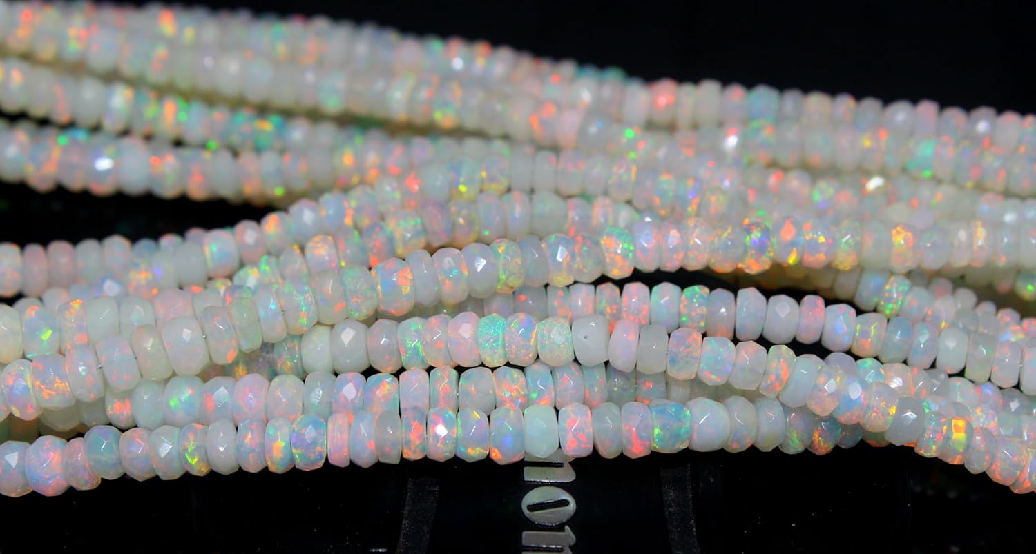 Natural Ethiopian Opal Faceted Rondelle Beads, Iridescent White, 4-5mm, 16 Inch Strand, Precious Gemstone