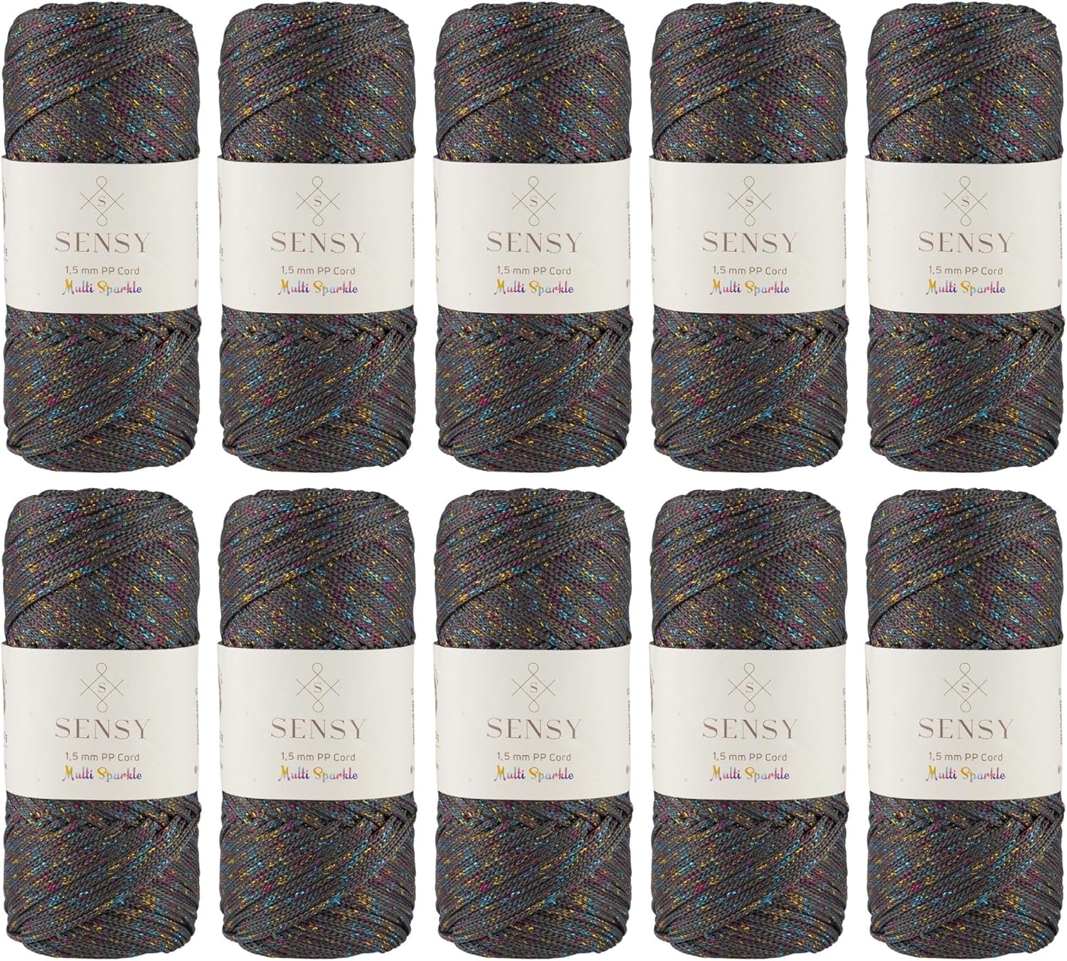 10 Skeins of Sensy 1.5mm 164 Yards Sparkle Polyester Rope 90% Polypropylene 10% Polyester Cord Macrame Cord Crochet Bag Cord Macrame Rope Crochet Thread Gift for Knitter (Anthracite Multi Sparkle)
