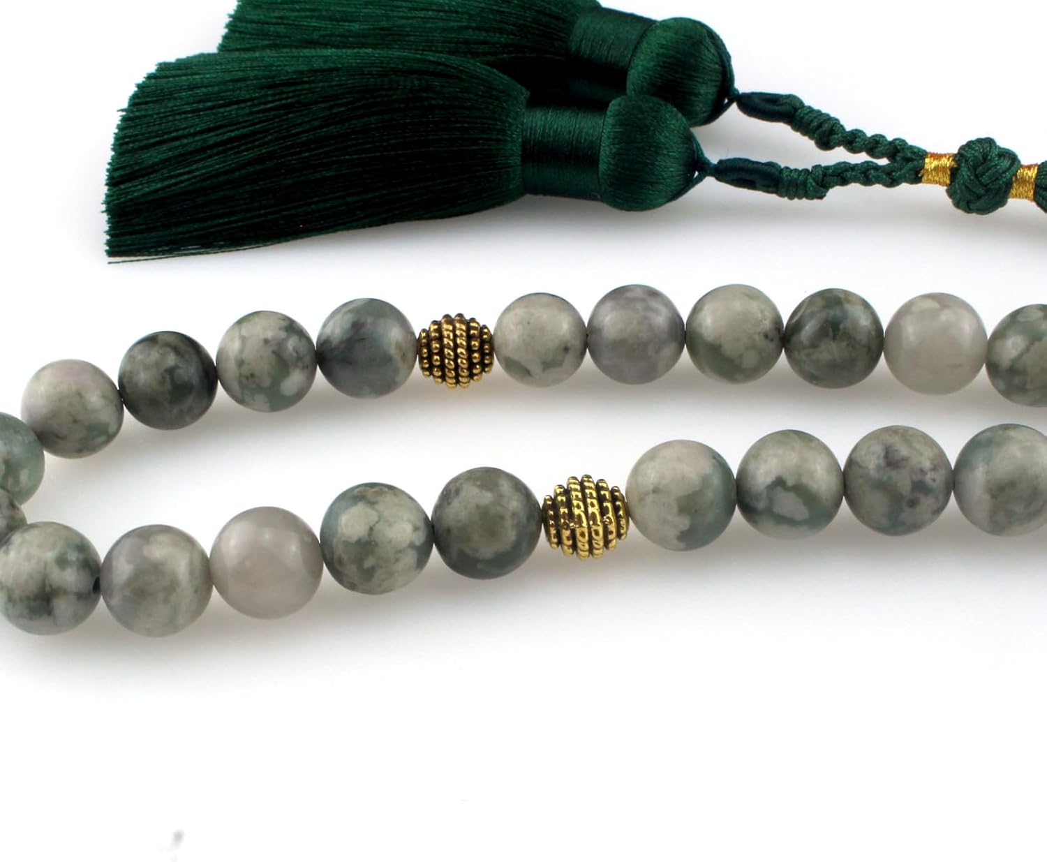 Muslims Islamic 33 Dhikr Tasbeeh Tasbih Prayer Beads, Light Green Jade Stone Beads with Tassel