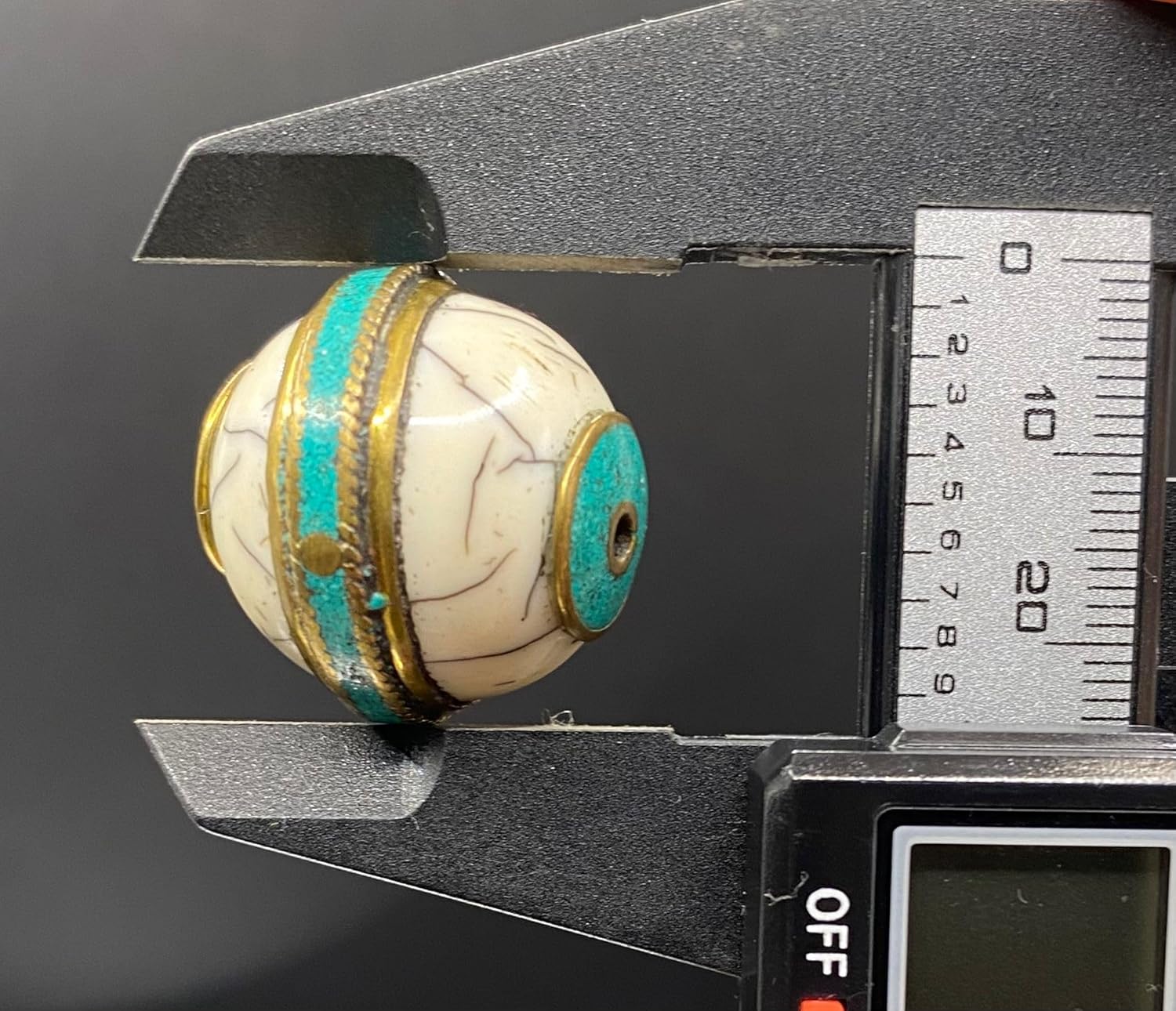 Handcrafted Nepalese Tibetan Natural Shell Pearl Bead with Turquoise 24x25mm –10.16g Round Carved Bead for Jewelry Making, Craft Supplies, DIY Necklace & Bracelet Design,Loose Beads (20)