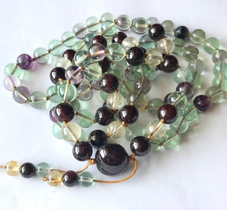 Natural Rainbow Fluorite, Citrine, Garnet, 8mm-12mm 108 Mala Beads, Spiritual, Meditation Beads, Reiki, Japa Mala, Buddhist Prayer Beads, Yoga Bracelet, healing beads LKMALA-RRGU-1023