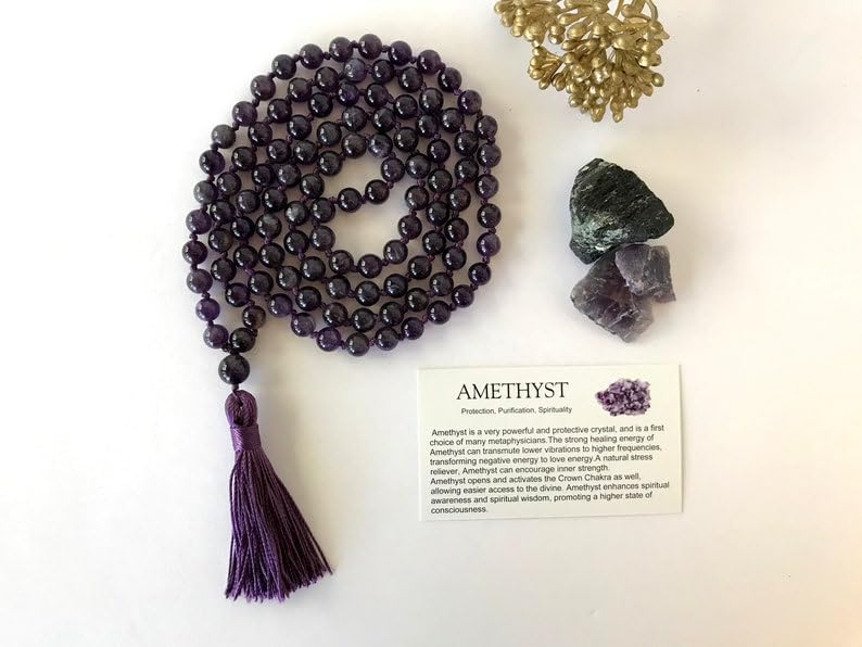 Natural Root Chakra AMETHYST 8mm 108 Mala Beads, Spiritual, Meditation Beads, Reiki, Japa Mala, Buddhist Prayer Beads, Yoga Bracelet, healing beads LKMALA-RRGU-1331