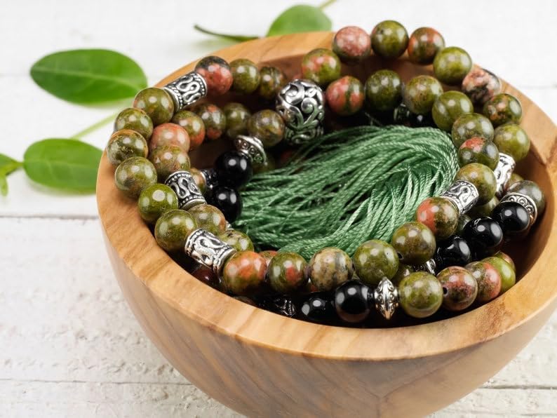 UNAKITE & BLACK ONYX Stone Mala Beads, 108 Mala Necklace, Knotted Mala, WWG Necklace, Yoga Jewelry Meditation Beads Spiritual Jewelry Boho Jewelry, 34inch, Gemstone