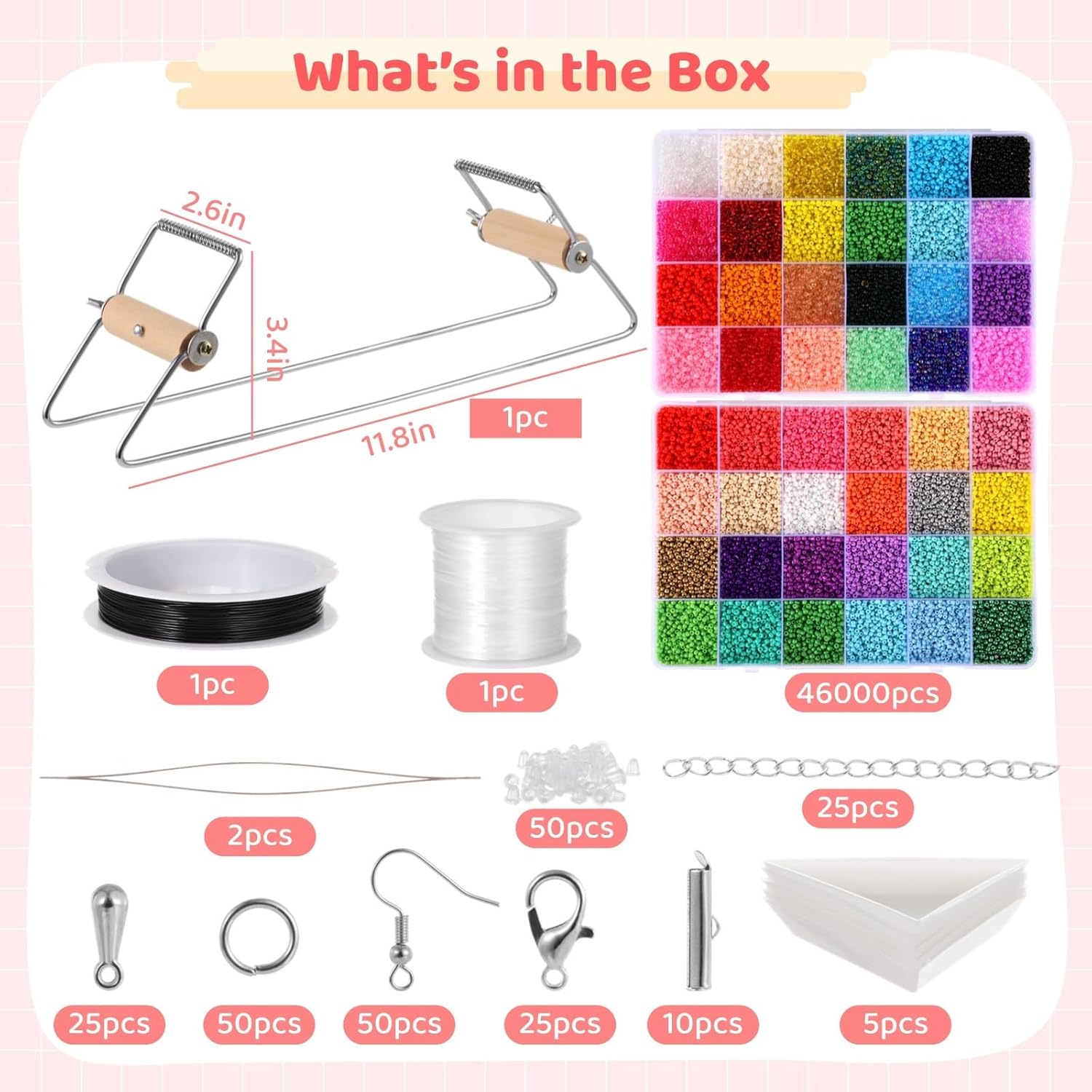 Gift for Craft Fans, Adjustable Metal Bead Kit, Beading Supplying with 46000 Glass Seed Beads 2 Bead Needles Trays, Bead Set, DIY Bracelet Necklace Earring Jewelry Making Set