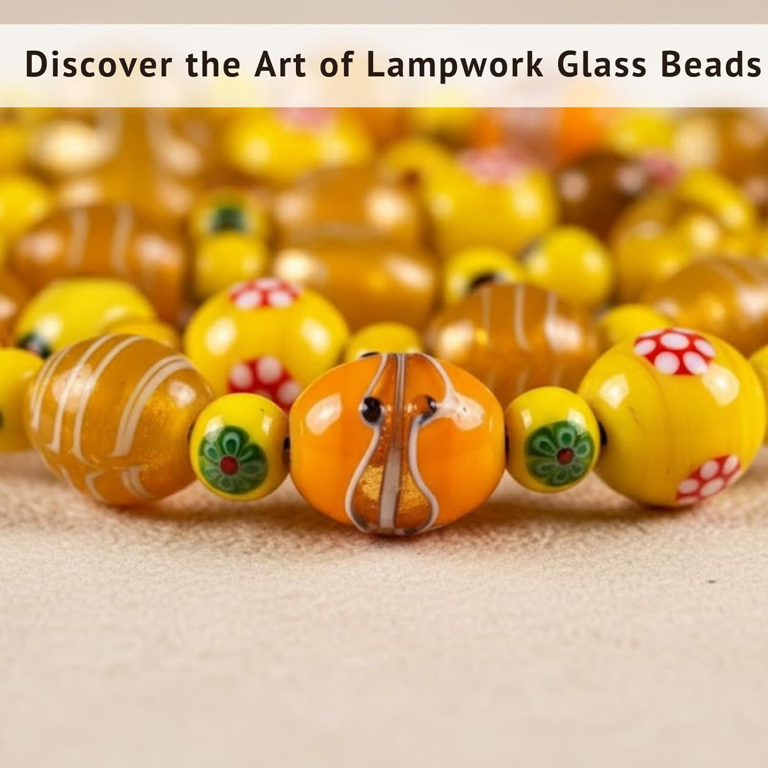 Yellow Lampwork Glass Beads | Artistic Mixed-Shape Spacer Bead Strands for Adult Jewelry Making & Professional Craft Design | 50 Strands of Handmade Glass Craft Beads.