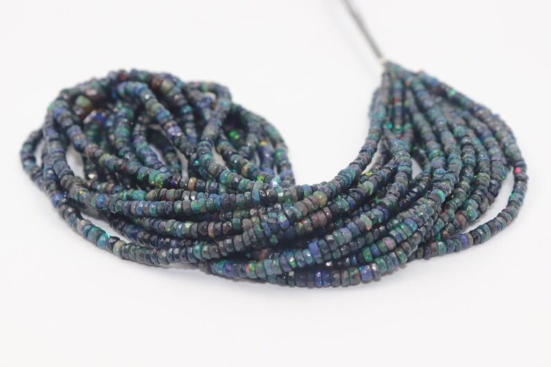 AAA+ Black Ethiopian Opal Faceted Rondelle Beads 3-5.5 Multi Fire Black Opal Rondelle Beads Strand for Jewelry Making