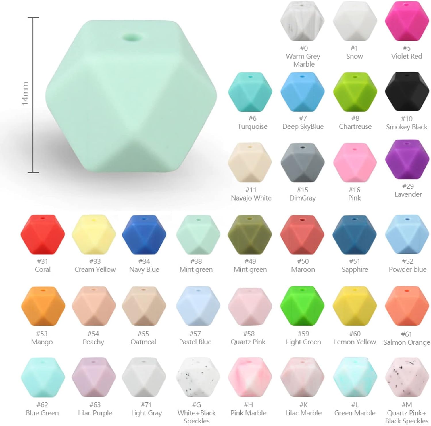 50 Pieces 14mm Silicone Beads Hexagon Loose Rubber Beads for DIY Bracelets and Necklace Jewelry Keychain Making Accessories (52)