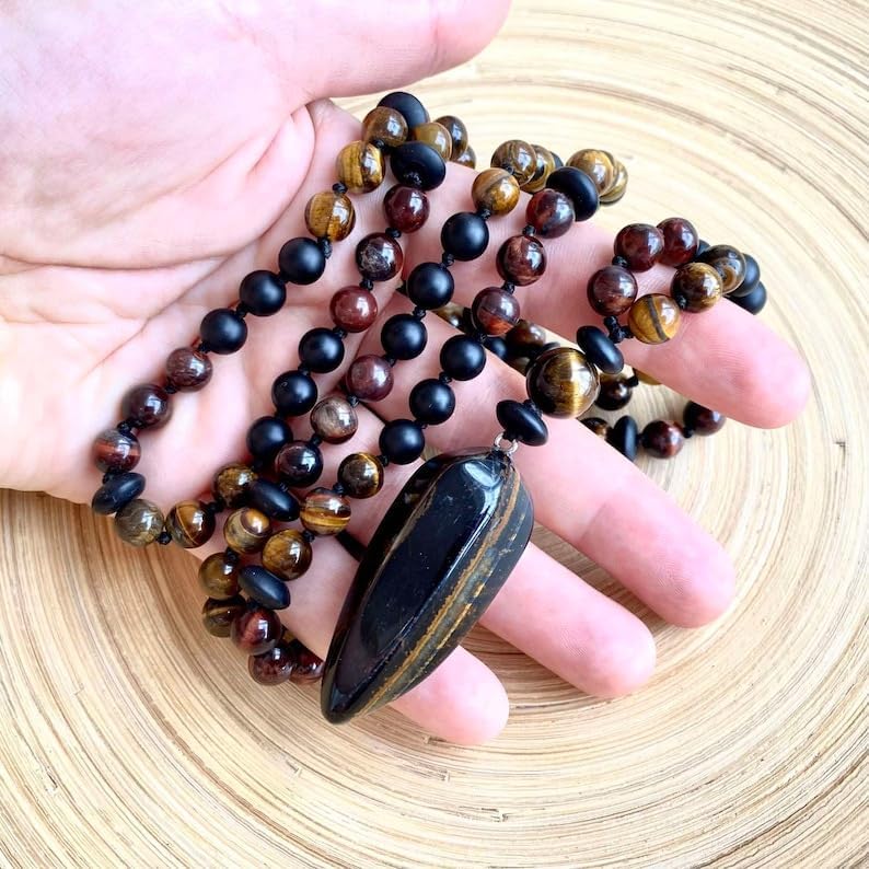 Natural Tiger's Eye & Bulls-eye,Hawkeye 8mm-14mm 108 Mala Beads, Spiritual, Meditation Beads, Reiki, Japa Mala, Buddhist Prayer Beads, Yoga Bracelet, healing beads LKMALA-RRGU-1099