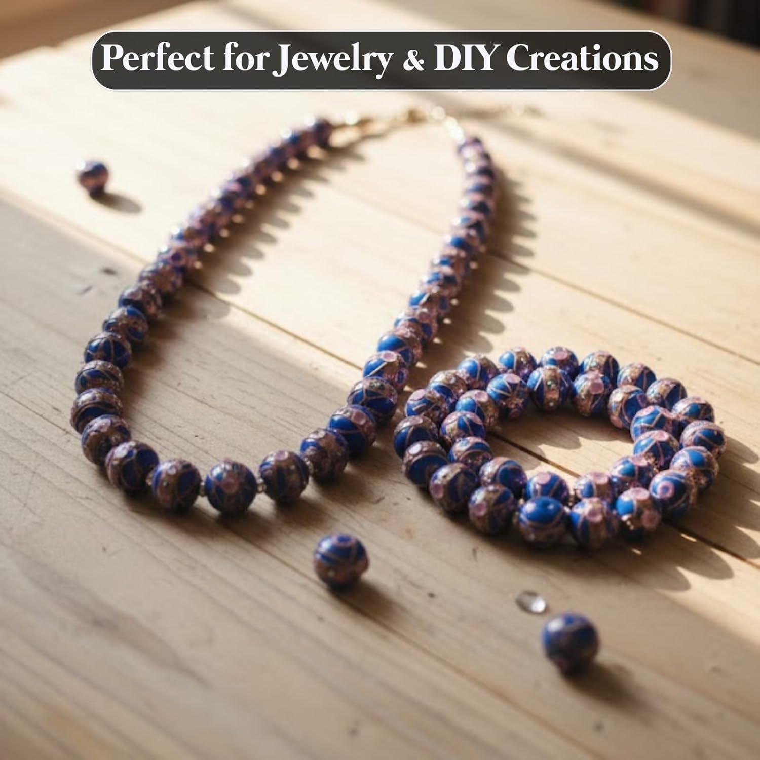 Handcrafted Blue Lampwork Glass Beads | 16mm Round Beads with Golden & Pink Detailing | Available in 10 Strands | Loose Beads for Jewelry Making, DIY & Accessories