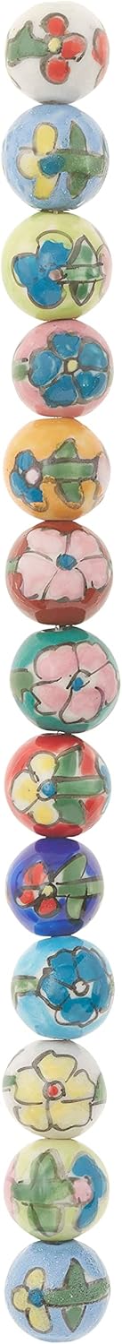 Bead Landing Multicolor Ceramic Flower Design Round Beads, 14mm, 12 Pack