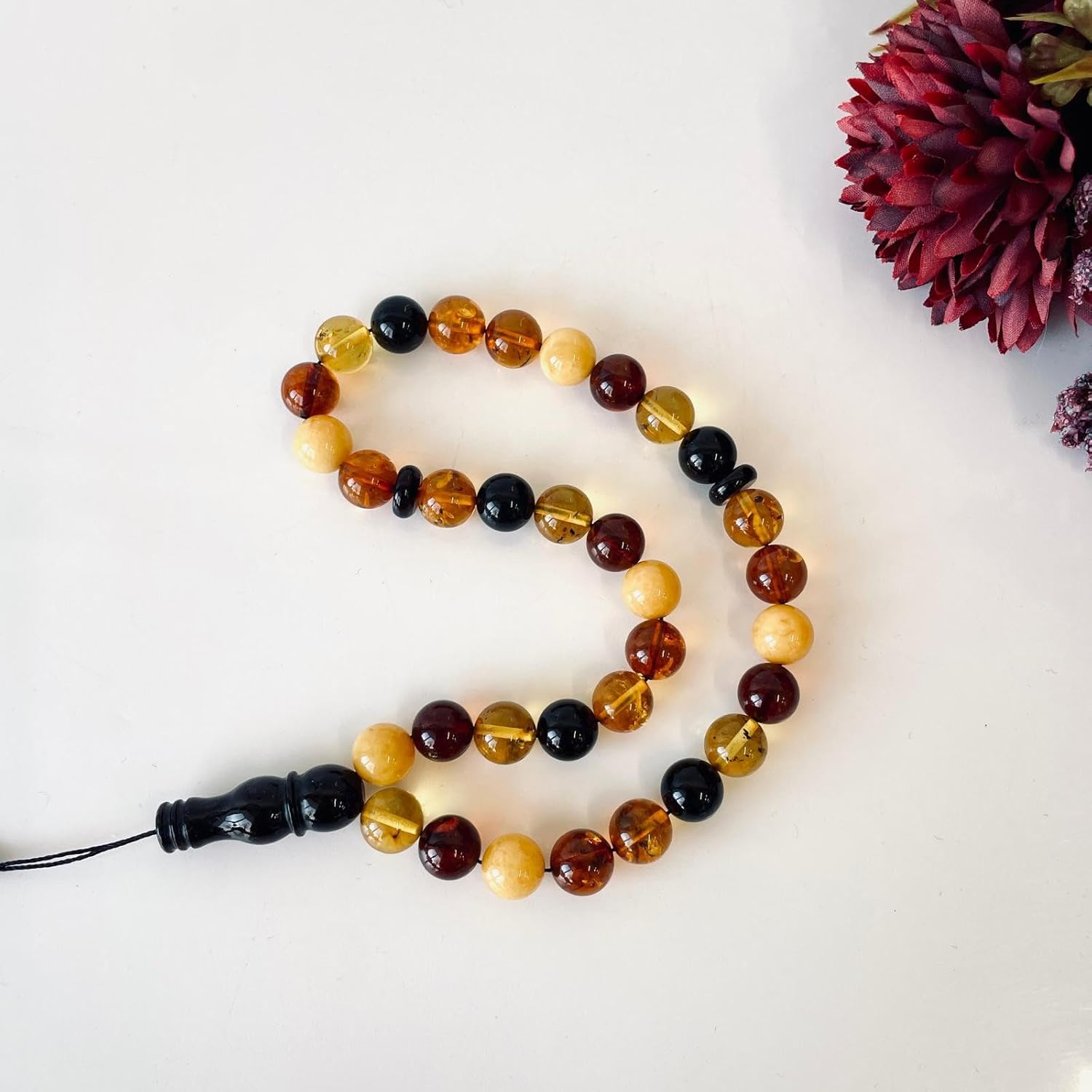 AMBERSTONE Multicoloured Islamic Prayer Beads - Muslim Rosary - Premium Handmade Tasbeeh for Dhikr - Natural Baltic Amber Misbaha - 33 Beads / 20 g