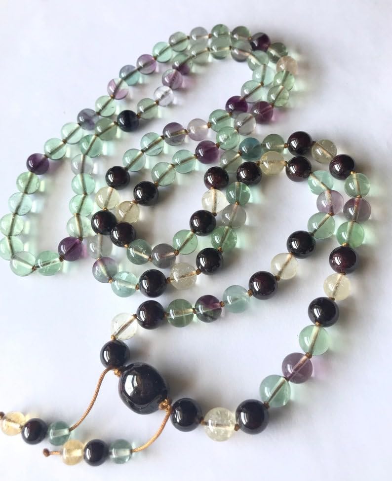 Natural Rainbow Fluorite, Citrine, Garnet, 8mm-12mm 108 Mala Beads, Spiritual, Meditation Beads, Reiki, Japa Mala, Buddhist Prayer Beads, Yoga Bracelet, healing beads LKMALA-RRGU-1023