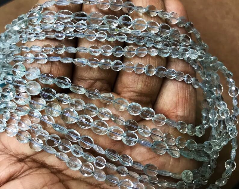 Natural AQUAMARINE oval Faceted Beads 4x5-5x6mm 13 inch long string jewelry making gemstone beads for necklace bracelet