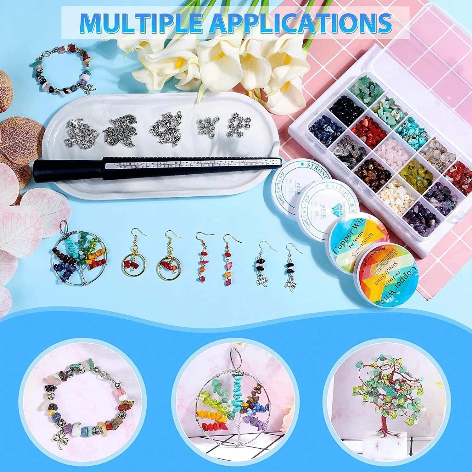 Irregular Chips Stone Beads Natural Gemstone Beads Kit with Earring Hooks Spacer Beads Pendants Charms Jump Rings for DIY Jewelry Necklace Bracelet Earring Making for All People