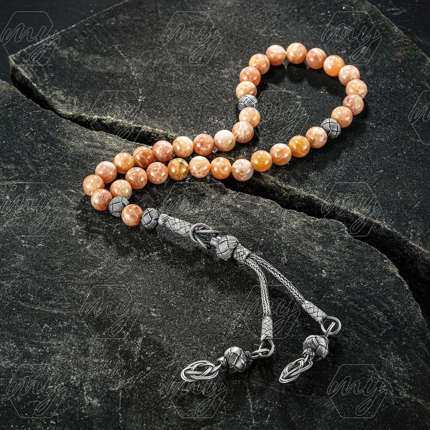 1000 Ct Silver Turkish Kazaz Sunstone Islamic 33 Prayer Beads Tasbeeh