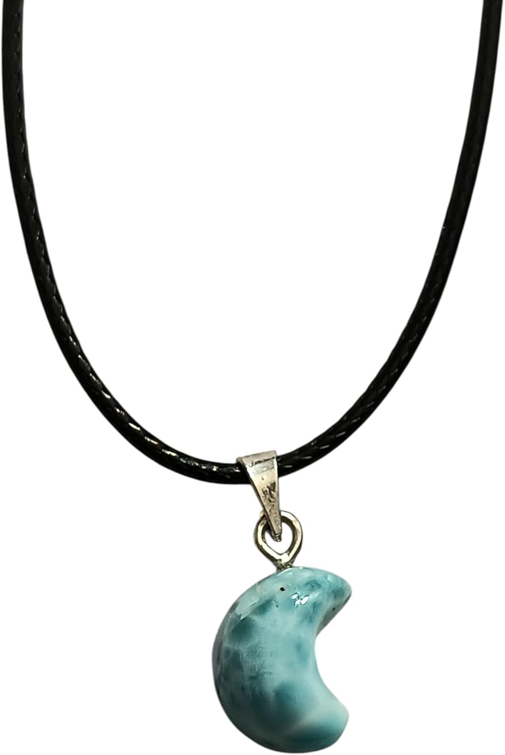 Natural Authentic Hand-Cut Larimar Gemstone set in .925 Sterling Silver Bail with a Faux Leather Chain. Half Moon Shape #2