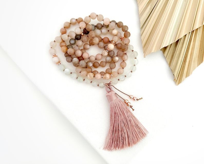 Natural Sunstone and Moonstone 6mm 108 Mala Beads, Spiritual, Meditation Beads, Reiki, Japa Mala, Buddhist Prayer Beads, Yoga Bracelet, healing beads LKMALA-RRGU-2057