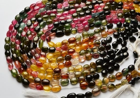 Beads Gemstone 1 Strand Natural 14inch AAA Super Finest Natural Rare Tourmaline Multi Color Smooth Nuggets 7 to 8 MM Code-HIGH-29655