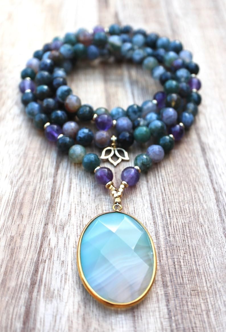 Natural Indian Agate Mala with Amethyst 8mm 108 Mala Beads, Spiritual, Meditation Beads, Reiki, Japa Mala, Buddhist Prayer Beads, Yoga Bracelet, healing beads LKMALA-RRGU-2920