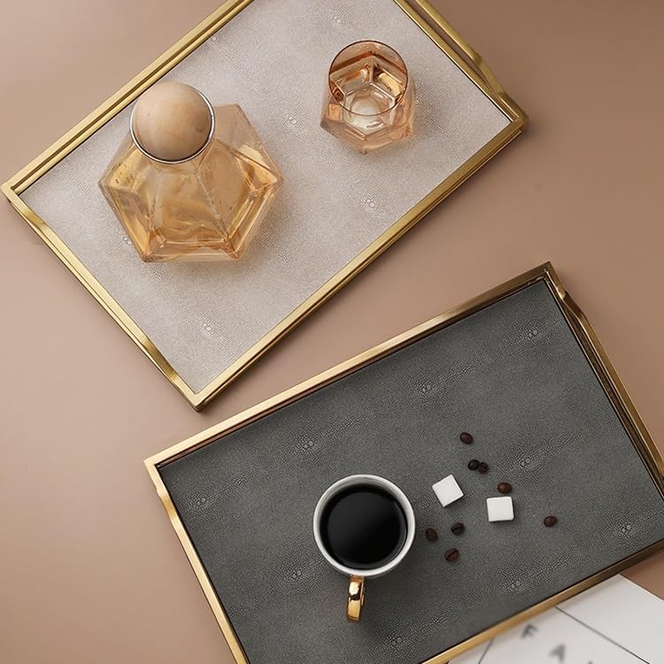 Tray Light Luxury Gold Handle Tray Household Leather Metal Tea Tray Creative Tea Set Storage Tray Dining Tray Serving Trays(A)