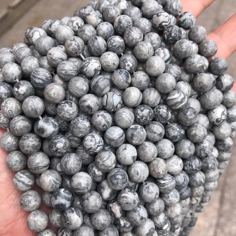 13 inch Strand of Natural gem Gray Jasper, 8mm Round Smooth Beads for DIY Jewelry Making. | Beads_03916