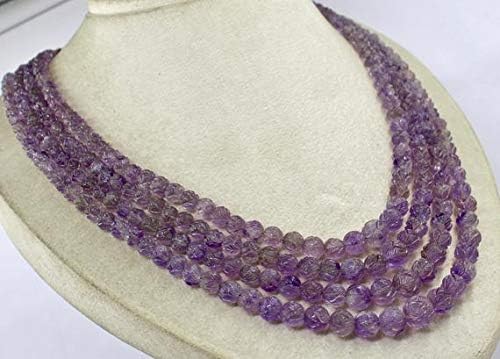 LKBEADS 4 Line Natural Amethyst Carved Round Beads Necklace 17 INCHES 16 MM to 5 MM Code-HIGH-46405