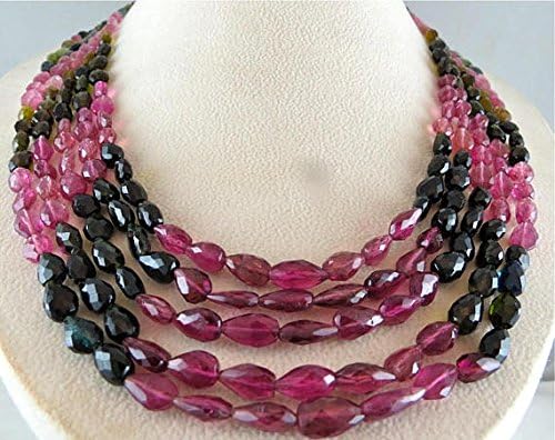 5 Line Natural Multi Tourmaline Facetted Tear Drops Beads String Necklace 22 INCHES 11MM to 8MM