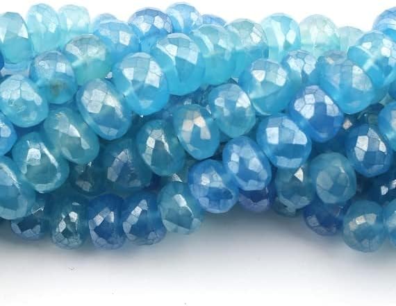 BEADS GEMSTONE 8 Strand Natural Blue Chalceny Silver Coated Faceted Rondelles Beads 7mm-10mm 32 Beads 8 Inch Code-HIGH-13884