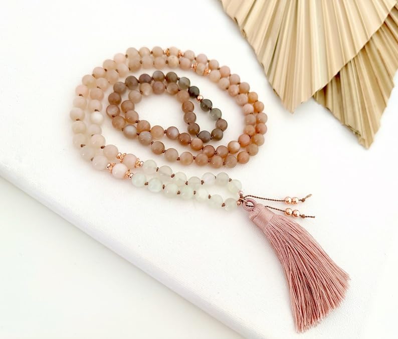 Natural Sunstone and Moonstone 6mm 108 Mala Beads, Spiritual, Meditation Beads, Reiki, Japa Mala, Buddhist Prayer Beads, Yoga Bracelet, healing beads LKMALA-RRGU-2057