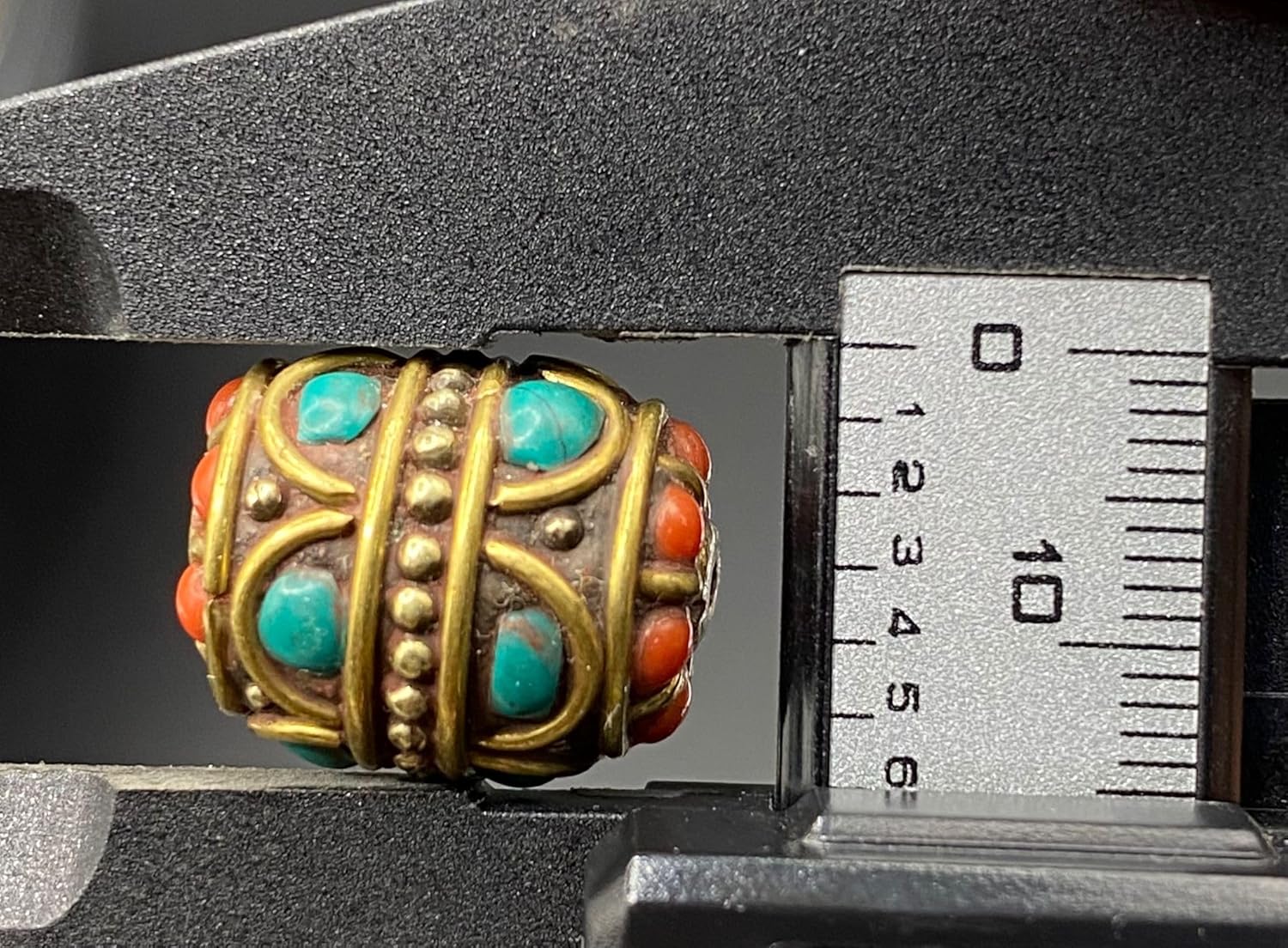 Old Antique Nepal Tibetan Handmade Brass Bead 19x15mm 7g | Turquoise & Coral Inlay Barrel Bead | Ethnic Boho Jewelry Supply | for Pendant Bracelet Necklace Making (50)