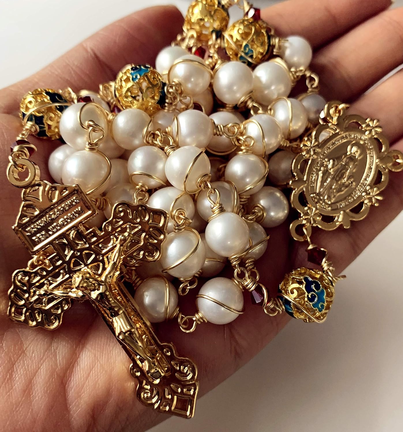 elegantmedical HANDMADE Gold Wire Wrapped Bead AAA White 10mm Real Pearl Rosary Cross NECKLACE BOX