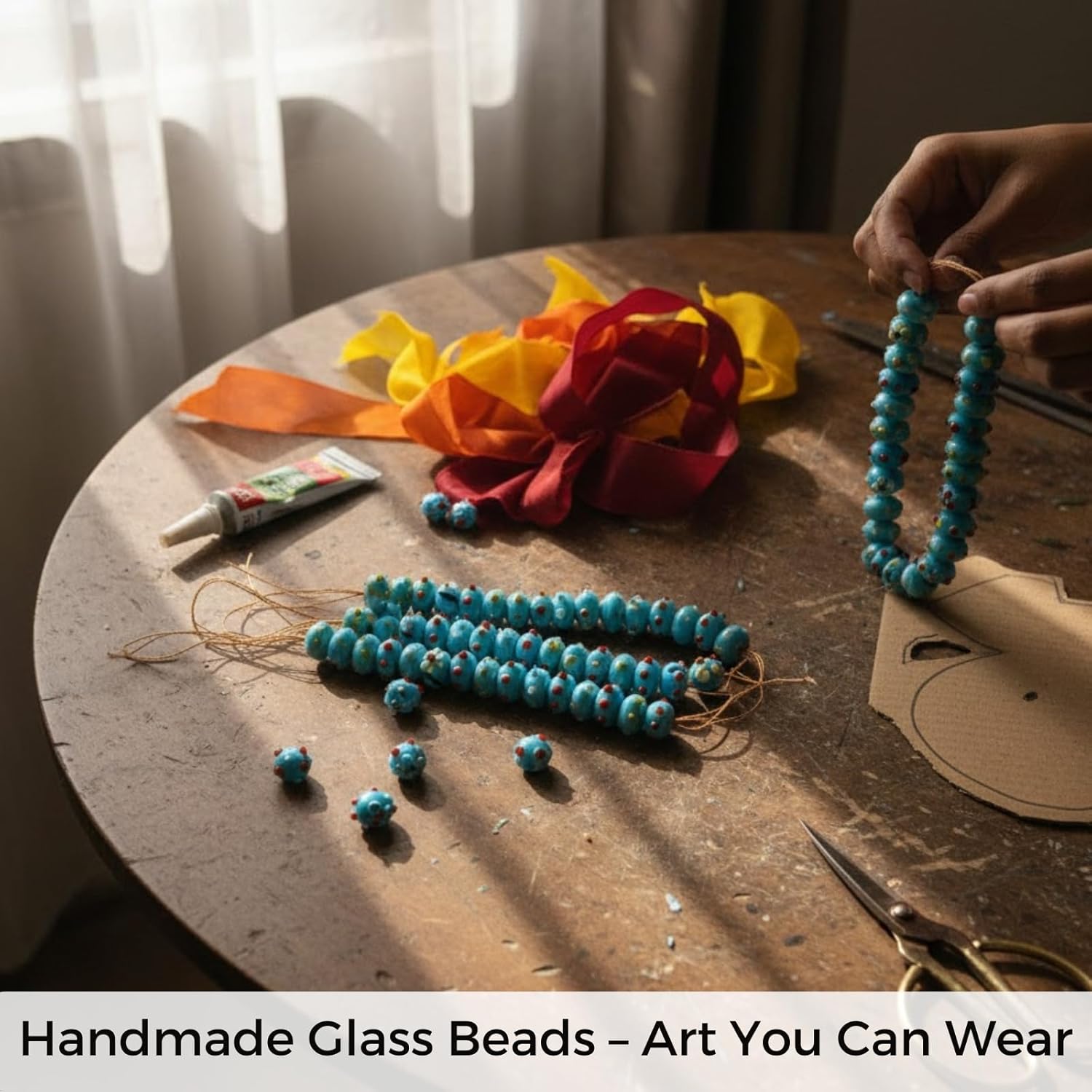 Handcrafted Light Blue Lampwork Glass Beads | Artistic Beads with Red Dots | Available in 10 Strands | Premium Handmade Beads for Jewelry Making, DIY & Crafts.